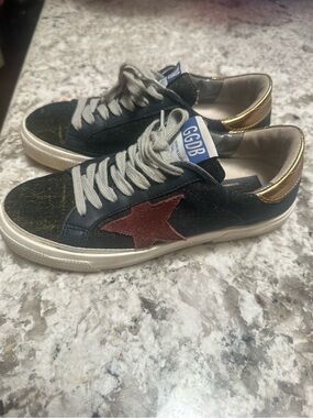 Golden Goose Navy Denim Sneakers with Red Star and Gold Heel